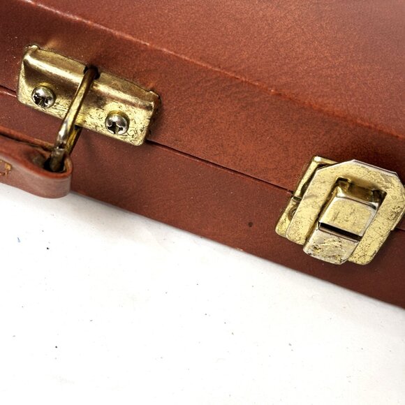 Backgammon Set Faux  Brown Cream Leather Case Complete - Picture 5 of 11